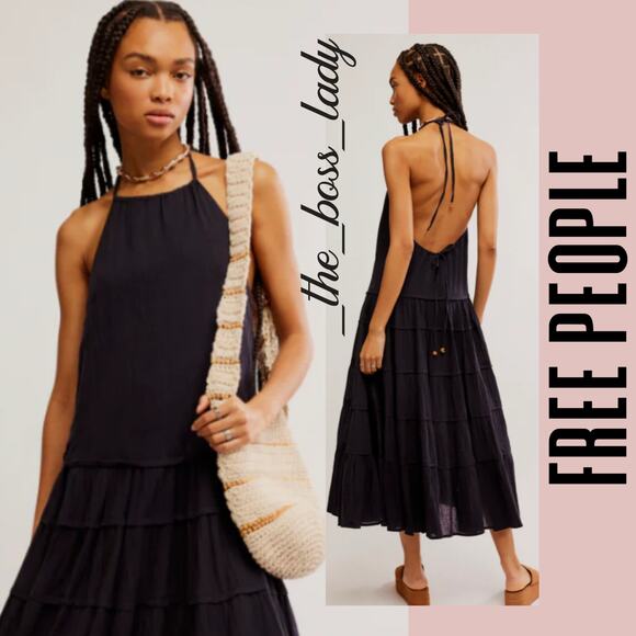 Free People maxi dress tiered halter ruffled cotton boho sleeveless Medium black - Picture 1 of 7